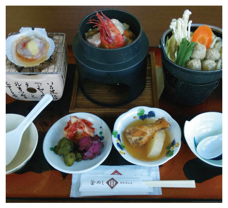 Three color Kama-meshi and Shinzan-nabe set meal